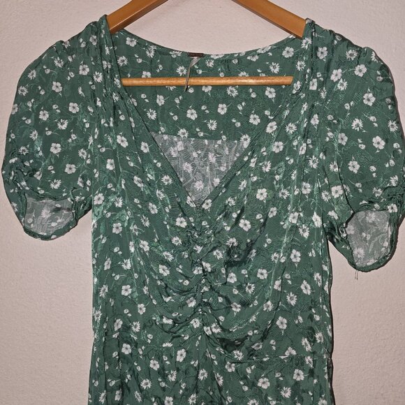 Free People Bond Street Mini Dress Green Floral Ruched Puff Sleeve Size 4 - Picture 9 of 16